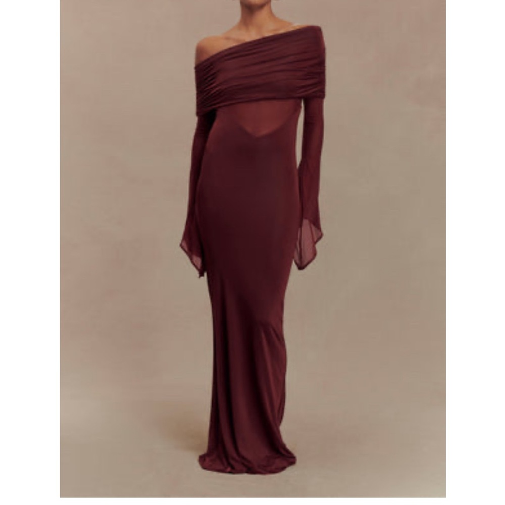 Kaitlin One Shoulder Slinky And Mesh Maxi Dress - Burgundy